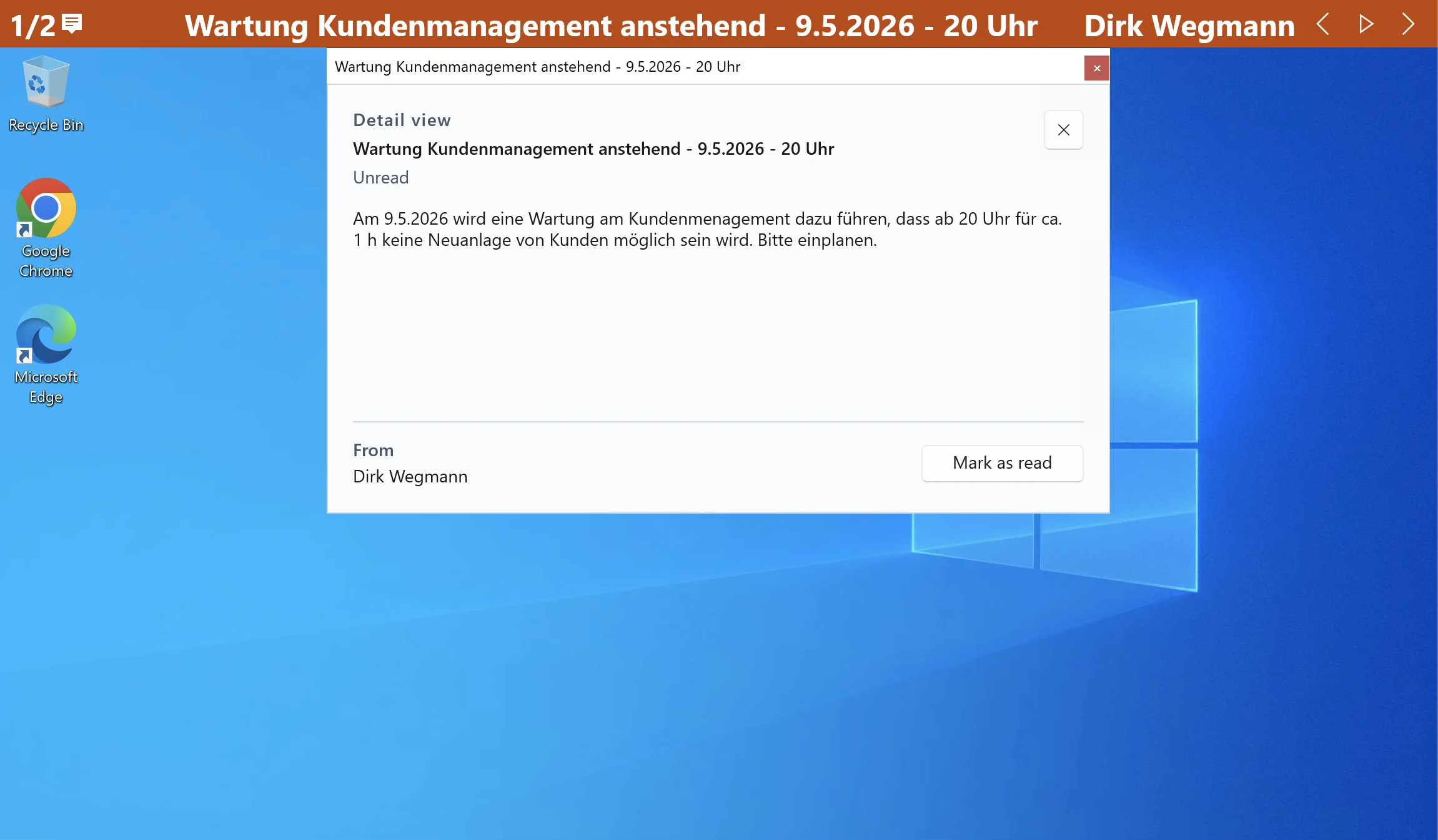 DeskNotify Detailfenster einer Nachricht auf dem Windows-Desktop